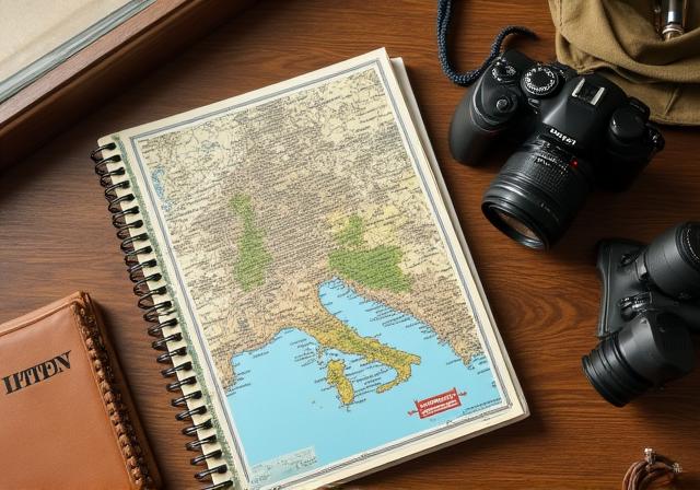 Un taccuino di viaggio, una mappa di Roma e una macchina fotografica su un tavolo di legno